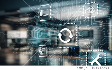 Update concept, software upgrade icon on virtual screen. City Background 103512253