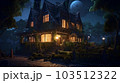 An old wooden house with glowing windows at night 103512322