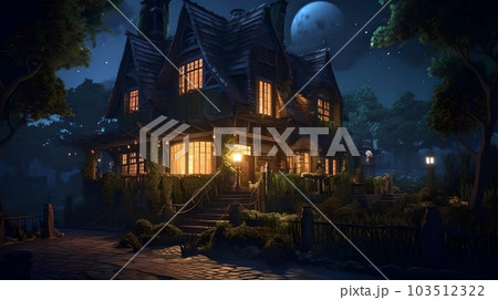 An old wooden house with glowing windows at night 103512322
