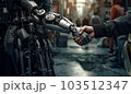 The hand of a metal robot shakes the hand of a man in a black jacket 103512347