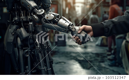 The hand of a metal robot shakes the hand of a man in a black jacket 103512347