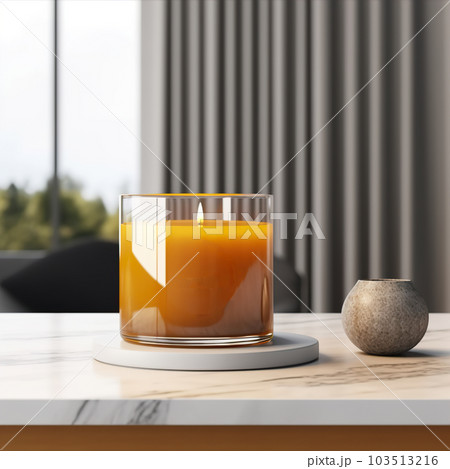 Burning candle mockup, styled home interior decor with clear glass candle jar template Burning candle mockup, styled home interior decor with clear glass candle jar template 103513216