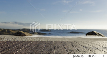 Wooden table. Top of wood table with seascape, blur bokeh light of calm sea and sky background. Empty ready for your product display montage. summer vacation background concept. 103513364