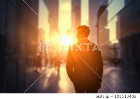 Back view businessman walking down street city at sunset. Career, movement to achieve goals. Back Lit Male silhouette on sunrise city background Back view businessman walking down street city at sunset. Career, movement to achieve goals. Back Lit Male silhouette on sunrise city background 103513408