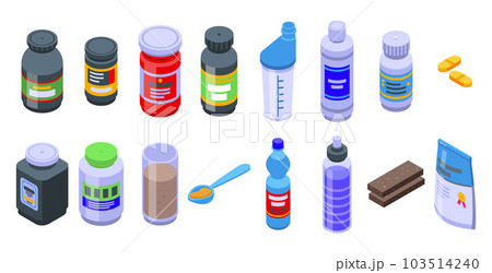 Sports nutrition icons set. Isometric set of sports nutrition vector icons for web design isolated on white background Sports nutrition icons set. Isometric set of sports nutrition vector icons for web design isolated on white background 103514240