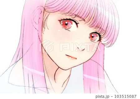 リラックス&真面目な眼差しの女の子の線画カラーイラスト　髪=ピンク　瞳=ピンク　背景無し　薄づき口紅 103515087
