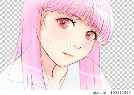 リラックス&真面目な眼差しの女の子の線画カラーイラスト　髪=ピンク　瞳=ピンク　背景無し　薄づき口紅 103515087