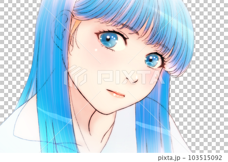 Line drawing color illustration of a girl with a relaxed & serious look Hair = blue Eyes = blue No background Light lipstick 103515092