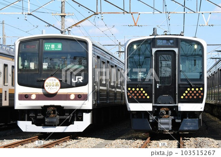 車両基地で並ぶ日光線の205系600番台とE131系600番台 車両基地で並ぶ日光線の205系600番台とE131系600番台 103515267