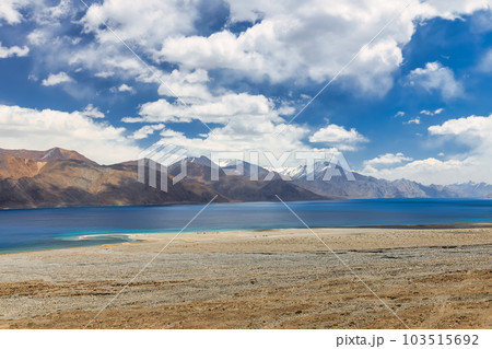 Pangong Lake is the highest saltwater lake in the world,Pangong Tso or Pangong Lake is an endorheic lake spanning eastern Ladakh and West Tibet situated at an elevation of 4,225 m , Ladakh, India, 103515692