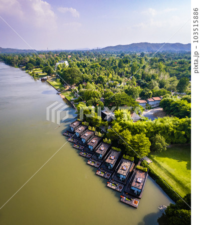 Aerial view of River Kwai and floating houses in Kanchanaburi province, Thailand 103515886