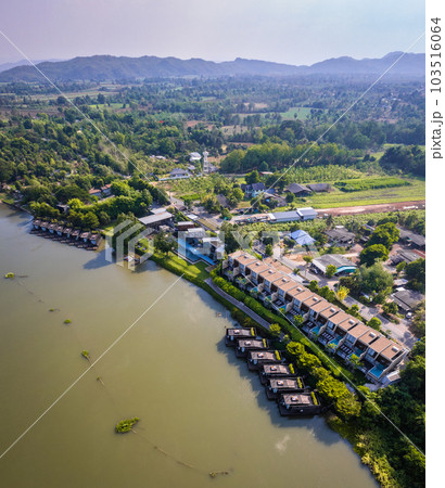 Aerial view of River Kwai and floating houses in Kanchanaburi province, Thailand 103516064