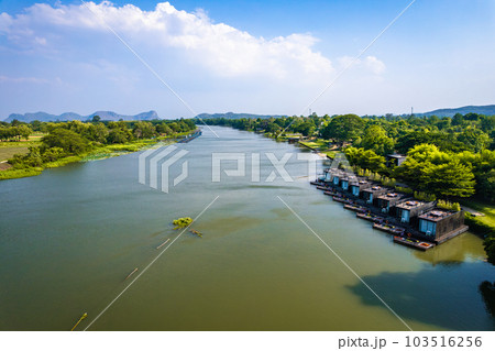 Aerial view of River Kwai and floating houses in Kanchanaburi province, Thailand 103516256