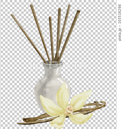 Diffuser with Vanilla flowers and Sticks. Hand drawn watercolor illustration on white isolated background. Drawing of refresher for fragrance and aroma therapy. Sketch of essential perfume for home. 103516298