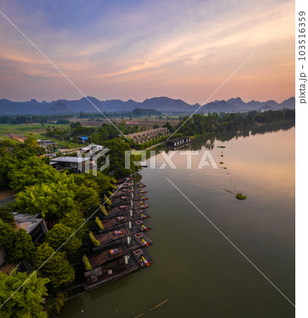 Aerial view of River Kwai and floating houses in Kanchanaburi province, Thailand Aerial view of River Kwai and floating houses in Kanchanaburi province, Thailand 103516359