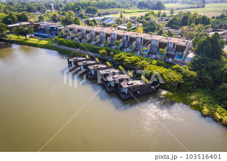 Aerial view of River Kwai and floating houses in Kanchanaburi province, Thailand 103516401