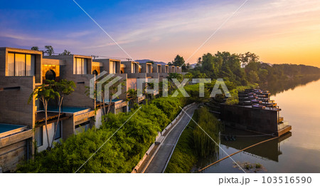 Aerial view of River Kwai and floating houses in Kanchanaburi province, Thailand 103516590
