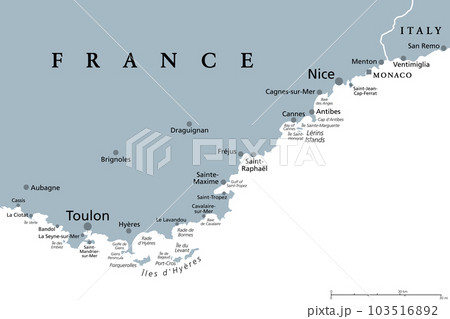 French Riviera, gray political map. Mediterranean coastline of the southeast corner of France, known as Cote dAzur or Azure Coast. Considered to extend from Toulon in the west to Menton in the east. French Riviera, gray political map. Mediterranean coastline of the southeast corner of France, known as Cote dAzur or Azure Coast. Considered to extend from Toulon in the west to Menton in the east. 103516892