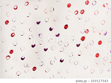 Red and purple watercolor paint pattern stamped repeatedly on white paper, abstract simple background. Uneven colorful circles scattered chaotically, graphic geometric backdrop 103517583
