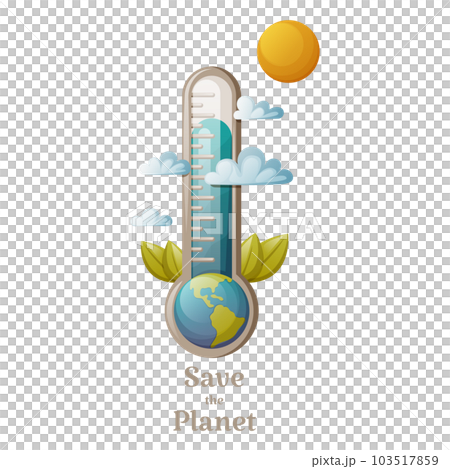 Changing of the climate, earth inside ecology thermometer, cartoon vector illustration, text save the planet 103517859