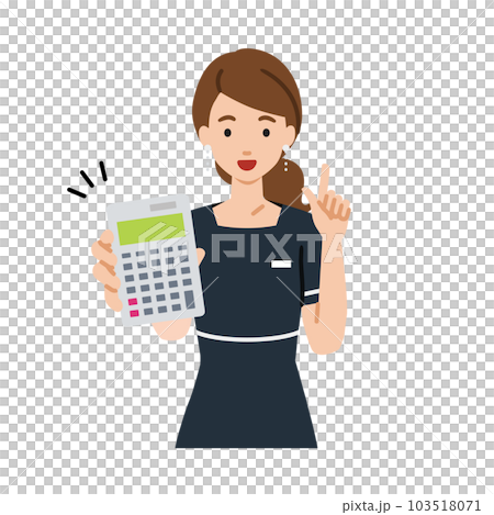 立って電卓を指差してこちらに向けて見せているエステ店員・受付・接客係の女性 103518071