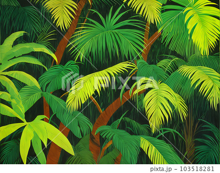 Tropical jungle fruits shadows Kodachrome drawing. 103518281