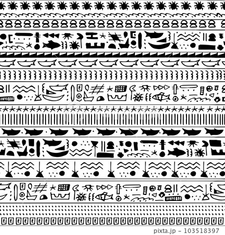 Elegant egypt-inspired vector illustration with monochrome patterns and intricate hieroglyphic motifs. Versatile for adult clothes, curtains, and notebooks. Eye-catching symbols of fish, waves, whale Elegant egypt-inspired vector illustration with monochrome patterns and intricate hieroglyphic motifs. Versatile for adult clothes, curtains, and notebooks. Eye-catching symbols of fish, waves, whale 103518397