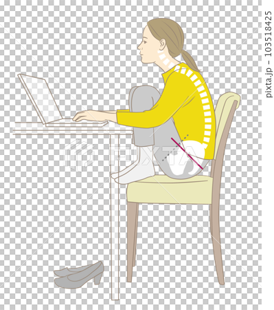 A stooped woman doing desk work in a gym sitting 103518425