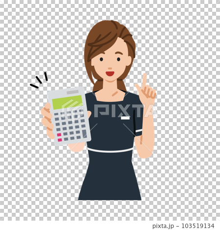 立って電卓を持ってこちらに向けて見せているエステ店員・受付・接客係の女性 立って電卓を持ってこちらに向けて見せているエステ店員・受付・接客係の女性 103519134