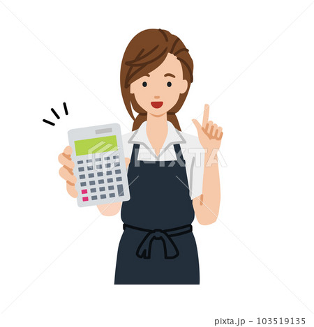 立って電卓を持ってこちらに向けて見せているエプロンをした店員の女性 立って電卓を持ってこちらに向けて見せているエプロンをした店員の女性 103519135