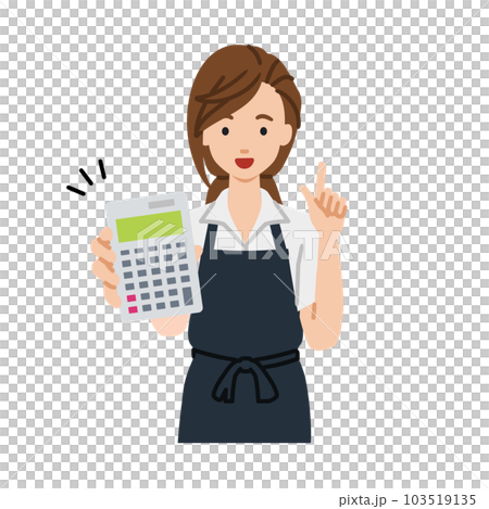 立って電卓を持ってこちらに向けて見せているエプロンをした店員の女性 立って電卓を持ってこちらに向けて見せているエプロンをした店員の女性 103519135