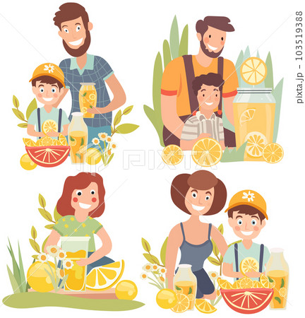 Happy family enjoys the outdoors while sipping refreshing lemonade and sharing moments of joy.Fruit drink, mother, father and child, flowers.Picnic on the nature.Poster for your design. Vector 103519388