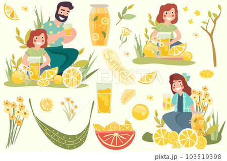 Happy family enjoys the outdoors while sipping refreshing lemonade and sharing moments of joy.Fruit drink, mother, father and child, flowers.Picnic on the nature.Poster for your design. Vector Happy family enjoys the outdoors while sipping refreshing lemonade and sharing moments of joy.Fruit drink, mother, father and child, flowers.Picnic on the nature.Poster for your design. Vector 103519398