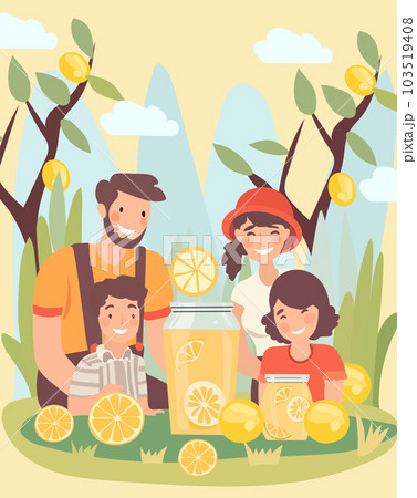Happy family enjoys the outdoors while sipping refreshing lemonade and sharing moments of joy. Concept of active recreation in nature. Poster for or invitation for your design. Vector Happy family enjoys the outdoors while sipping refreshing lemonade and sharing moments of joy. Concept of active recreation in nature. Poster for or invitation for your design. Vector 103519408