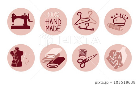 Set of highlight covers for social media stories. Round icons with sewing elements in a modern boho palette. Designed for social pages, tailor shop, seamstress 103519639