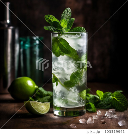 Refreshing mojito made with muddled mint leaves, fresh lime juice, sugar, white rum, soda water. AI generated Refreshing mojito made with muddled mint leaves, fresh lime juice, sugar, white rum, soda water. AI generated 103519941