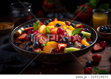 Refreshing bowl of fruit salad with seasonal fruits, strawberries, blueberries, watermelon, pineapple. AI generated 103519975