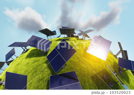 Rows of solar panels on a green meadow Rows of solar panels on a green meadow 103520023