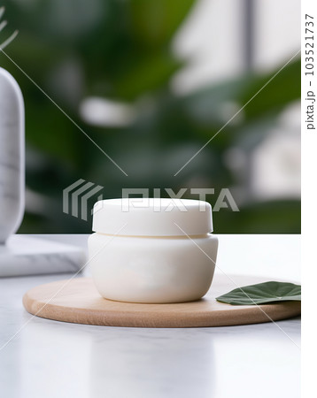 Cosmetic cream jar mockup, skincare product container with tropical green leaves background, front view Cosmetic cream jar mockup, skincare product container with tropical green leaves background, front view 103521737
