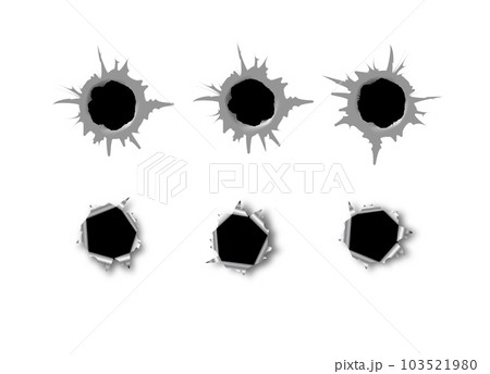Ragged hole in metal from bullets on white transparent background. Vector Ragged hole in metal from bullets on white transparent background. Vector 103521980
