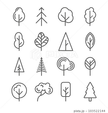 Geometric tree leaf, pine and oak icons. Minimal nature leaves, minimalism in spring forest, plant landscape, simple garden. Logo or emblem black outline isolated vector abstract line shapes 103522144