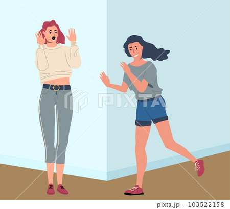 Scared woman. Suddenly running out person, surprised shocked or panicked girl, negative emotion, screaming character, terrified unhappy human. Cartoon flat style illustration. Vector concept Scared woman. Suddenly running out person, surprised shocked or panicked girl, negative emotion, screaming character, terrified unhappy human. Cartoon flat style illustration. Vector concept 103522158