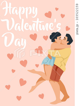 Couple relationship. Hugging man and woman, happy valentines day text, greeting card, heart shapes around, girl and boy together, romantic persons, cartoon flat vector illustration Couple relationship. Hugging man and woman, happy valentines day text, greeting card, heart shapes around, girl and boy together, romantic persons, cartoon flat vector illustration 103522159