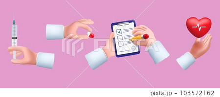 Doctor hands. 3D arms holding remedy pill or syringe. Physician writing with pencil on paper tablet. Checklist on clipboard. Med clinic prescription. Vector render medical elements set 103522162