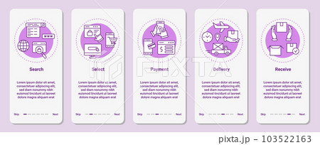 Online shopping infographic. Mobile app interface. Making purchase steps. Buy order. Call center icon. Advices in smartphone application. Business phone screen. Vector UI template set 103522163