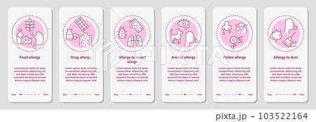 Allergy mobile app interface. Drug infographic. Smartphone application. Pollen allergen. Symptom types. Animal tested cosmetic. Food menu in phone. Vector graphic phone UI template set 103522164