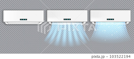 Air conditioner. Cold wind condition, wave flow, cool breeze in home room, white cooler. Ventilation conditioning system, electrical equipment. 3d element. Climate control vector illustration 103522194