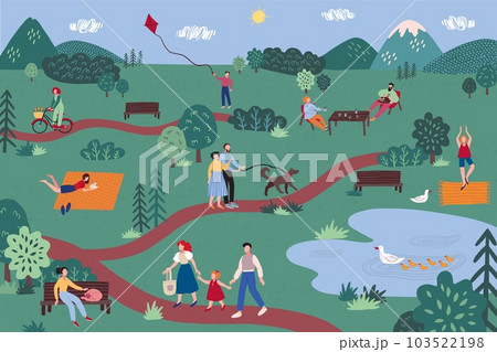 Spring park. Family picnic in nature. People walking with kids and dog pets. Weekend resting. Active leisure. Children fun activities. Friends stroll. Vector hand drawn illustration 103522198