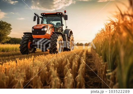 Tractor fertilizing a field. Future technology with agriculture farming concept. Generative AI 103522289