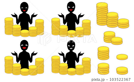 コインタワーと悪人イメージのシルエットの人物の投資詐欺などのイメージのイラスト素材セット コインタワーと悪人イメージのシルエットの人物の投資詐欺などのイメージのイラスト素材セット 103522367